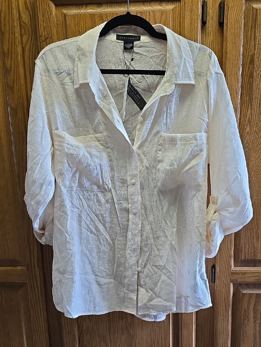 NWT Sanctuary Boyfriend Button-Down Shirt in Cream W/ White Polka Dots, Crinkle